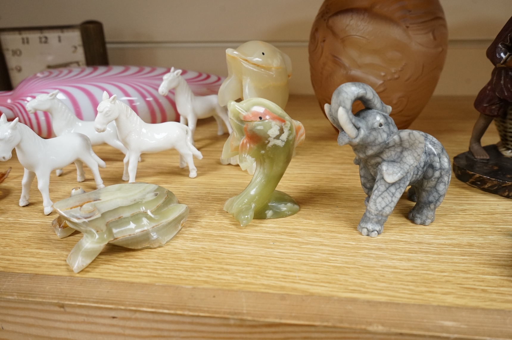 Sundry items and collectables to include a pair of glass vases, timepiece and Chinese figure